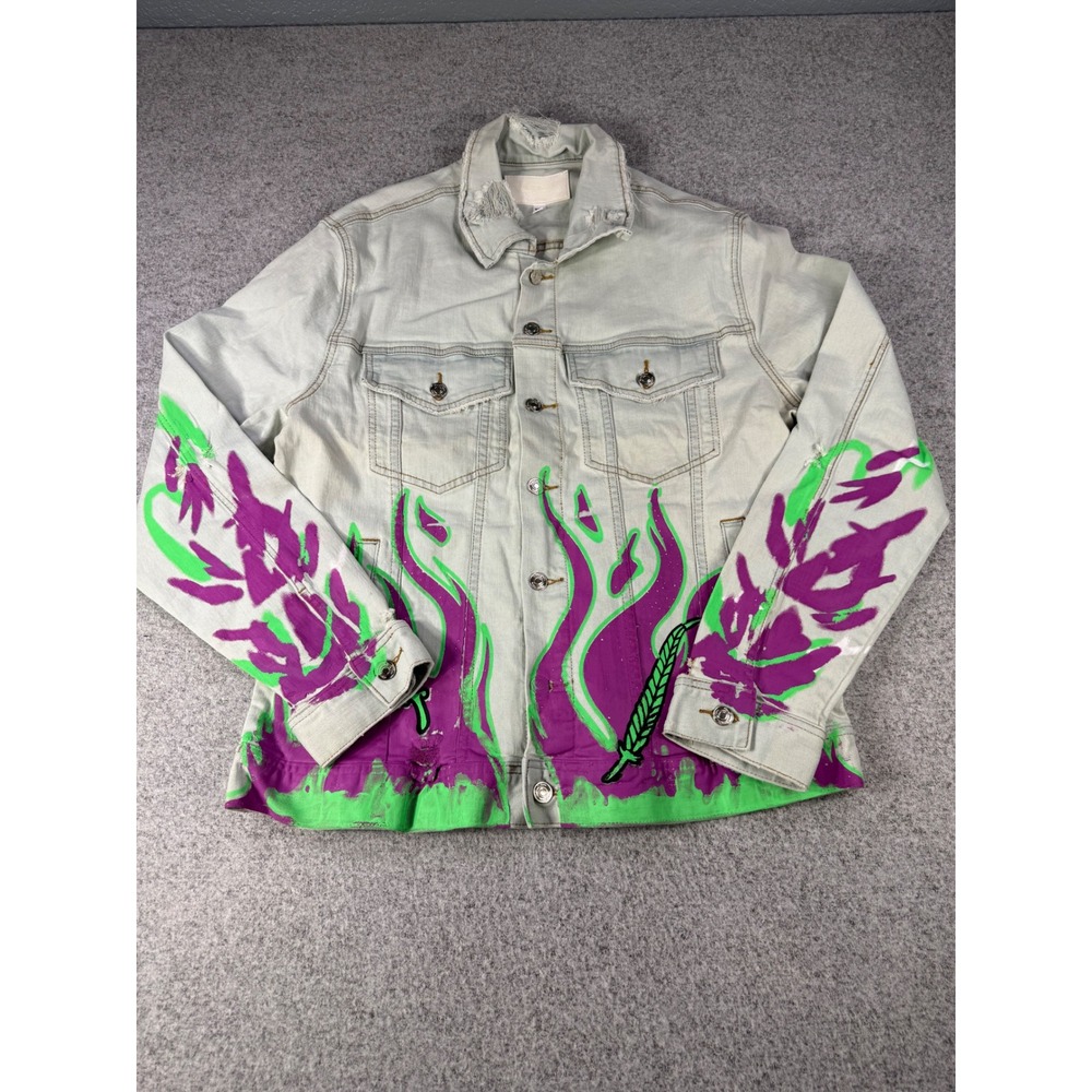Mac Keen Market Mens XXL Light Wash Distressed Denim Jacket Green Purple Skull